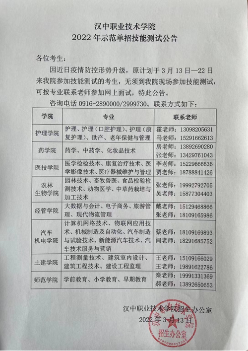 汉中职业技术学院2018年示范高职院校单独考试招生章程 育学科普